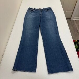 New York & Company Bootcut Jeans Womens 12 Tall Blue Medium Wash Raw Hem Stretch
